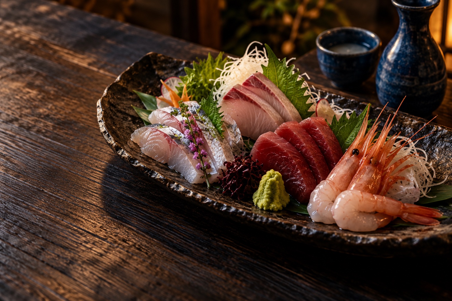 木の卓に盛りつけた白身魚、まぐろ、甘えびの刺身盛り合わせのイメージ