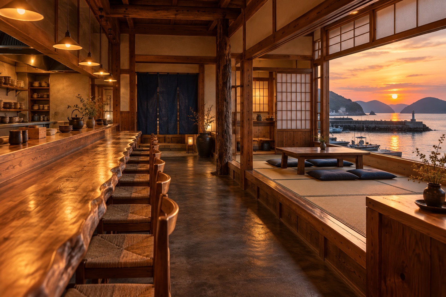 杉のカウンターと夕暮れの海を望む座敷の店内イメージ