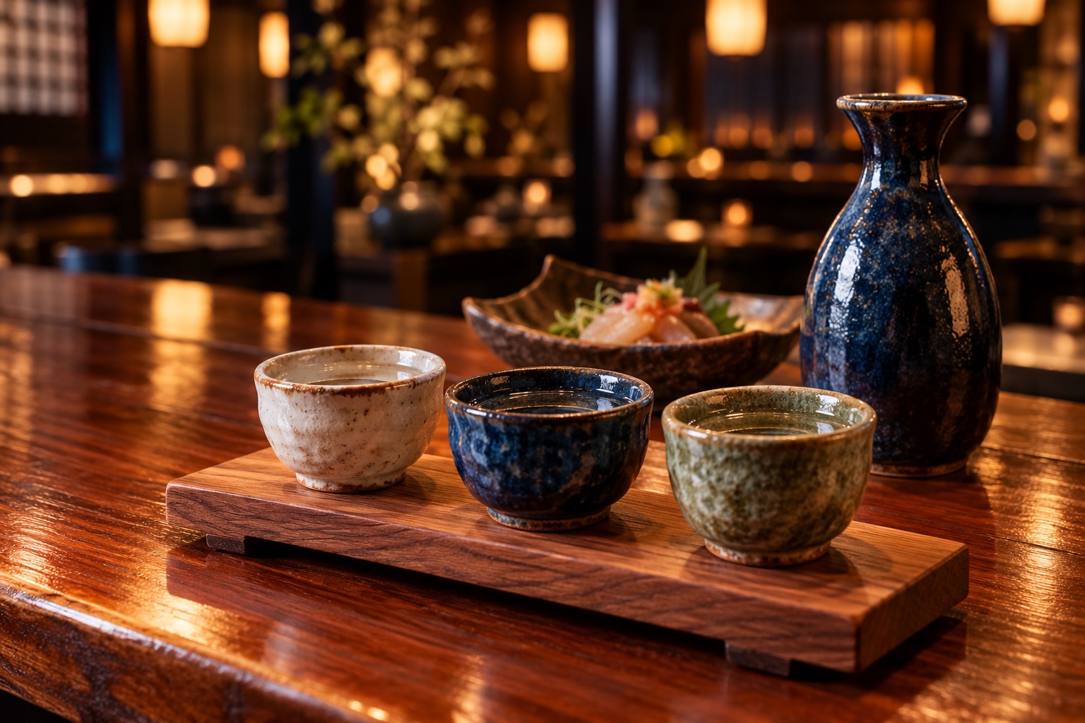 三つの陶器の盃と藍色の徳利の地酒飲みくらべイメージ